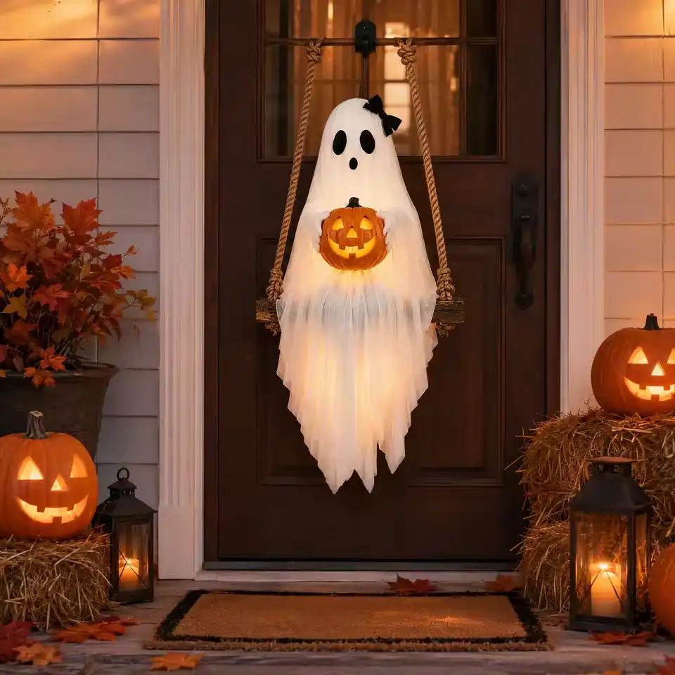 Halloween Ghost Holding Pumpkin Swing Ornament Hanging Swing Ghost Decorations Lighted Trick