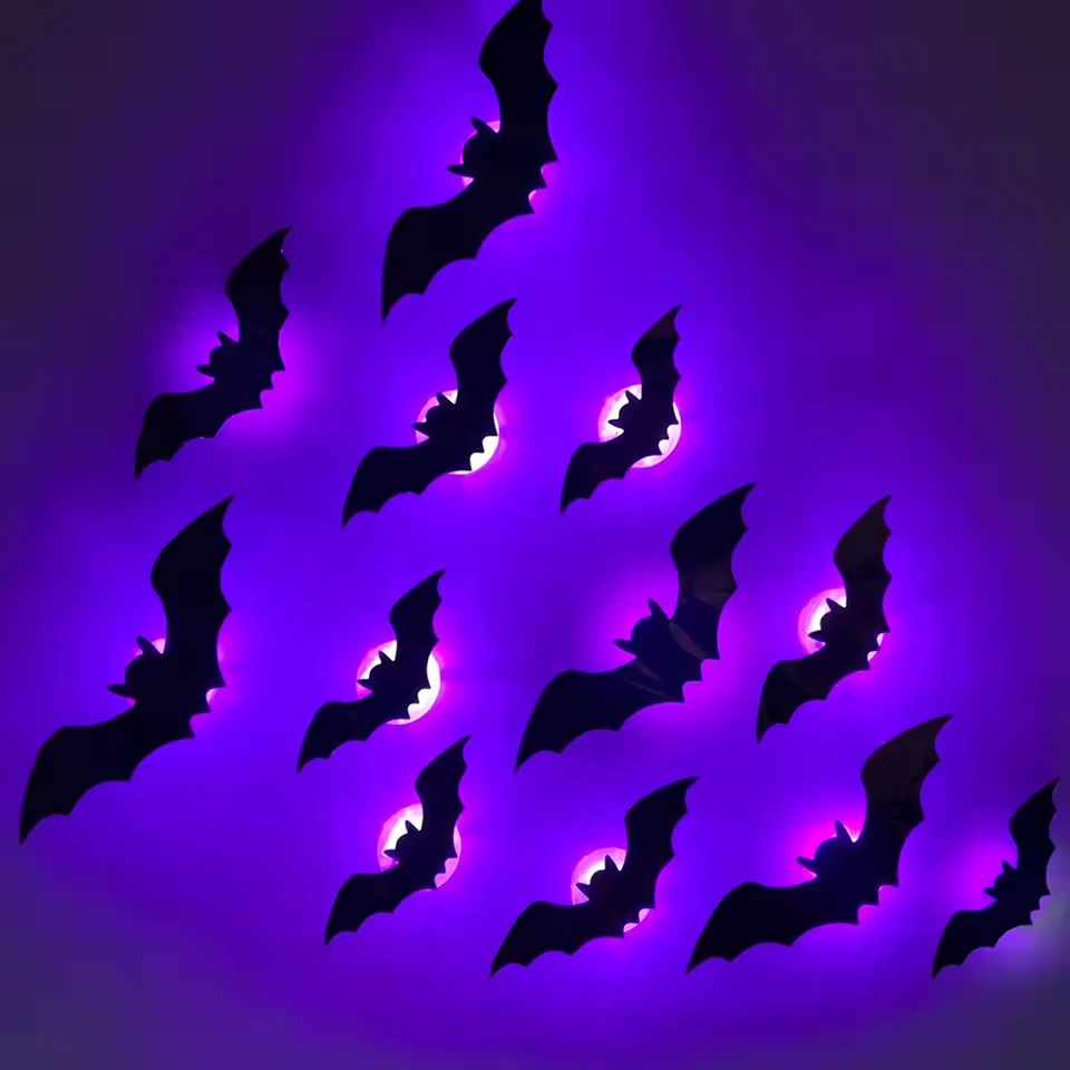 3D Halloween LED Night Light Bat Spider Holiday Party Garage Decoration PET Glowing Glitter Wall Sticker