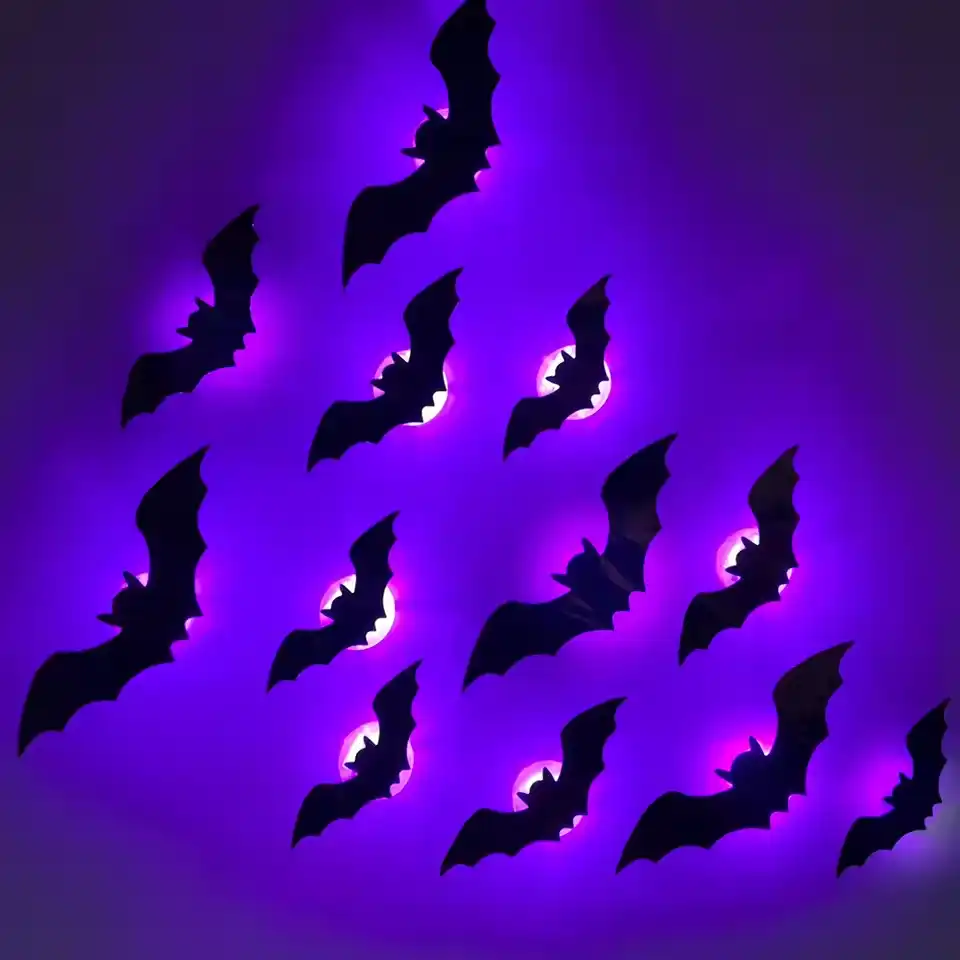3D Halloween LED Night Light Bat Spider Holiday Party Garage Decoration PET Glowing Glitter Wall Sticker